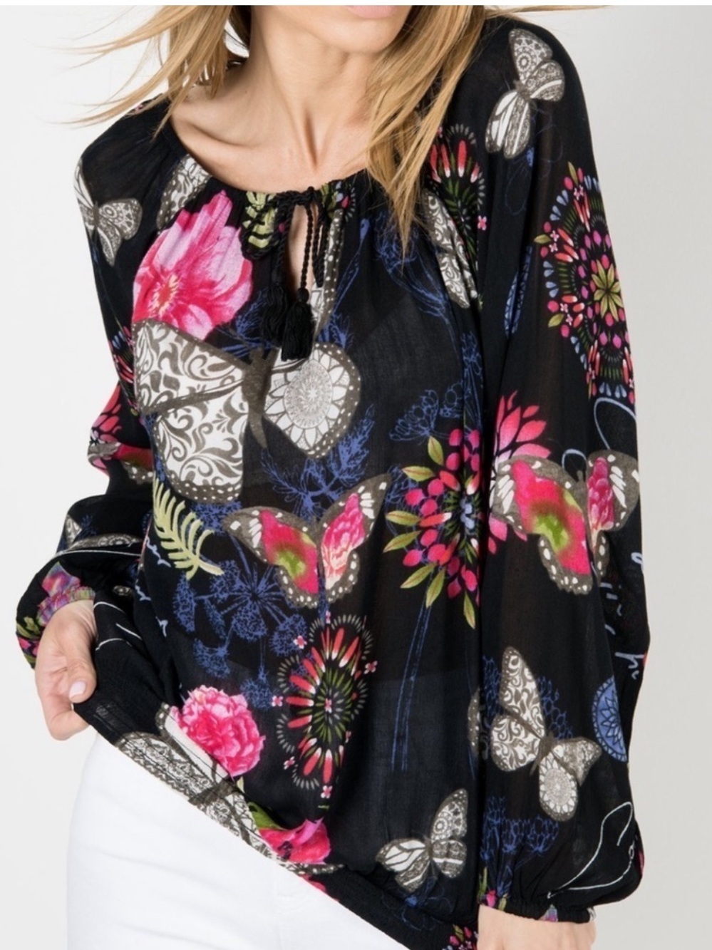 Desigual L Black Floral & Butterfly gauze Peasant Blouse with tassels